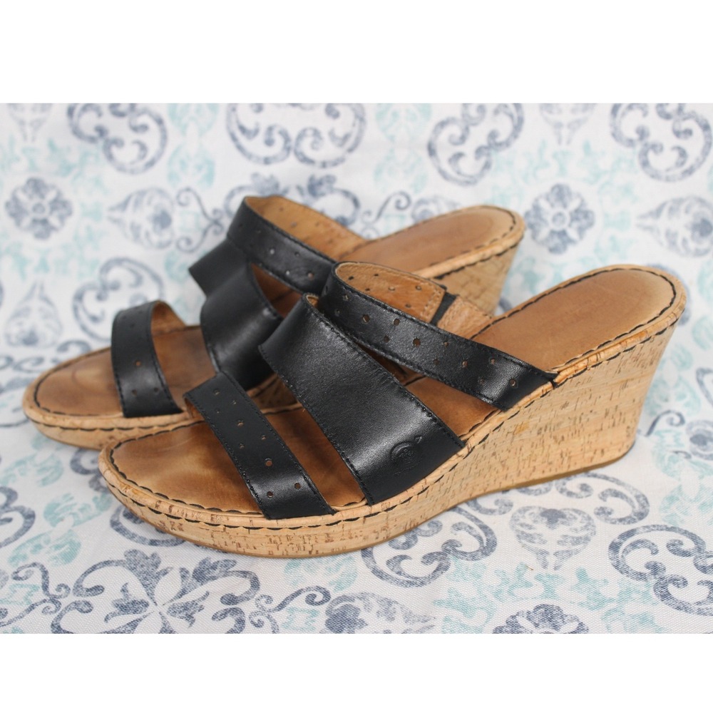 Born Black Leather Cork Wedge Slide Sandals Women‎ Size 10 M/W